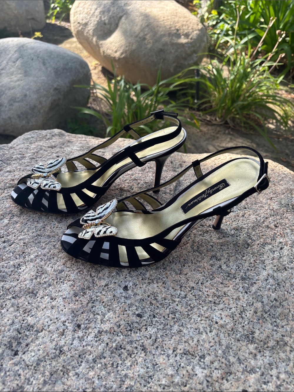 Size 8.5 NWT Beverly Feldman Black Slingback Heels with Zebra Butterfly Accent